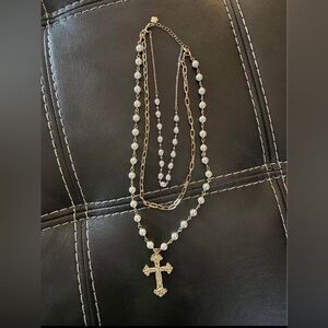 Park Lane Gold and Pearl Beaded Cross Necklace